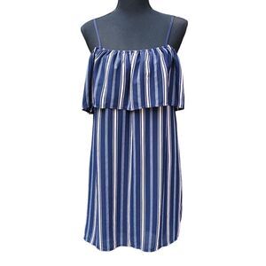 19 Cooper Blue Pink Striped Ruffle Cold Shoulder Dress Medium